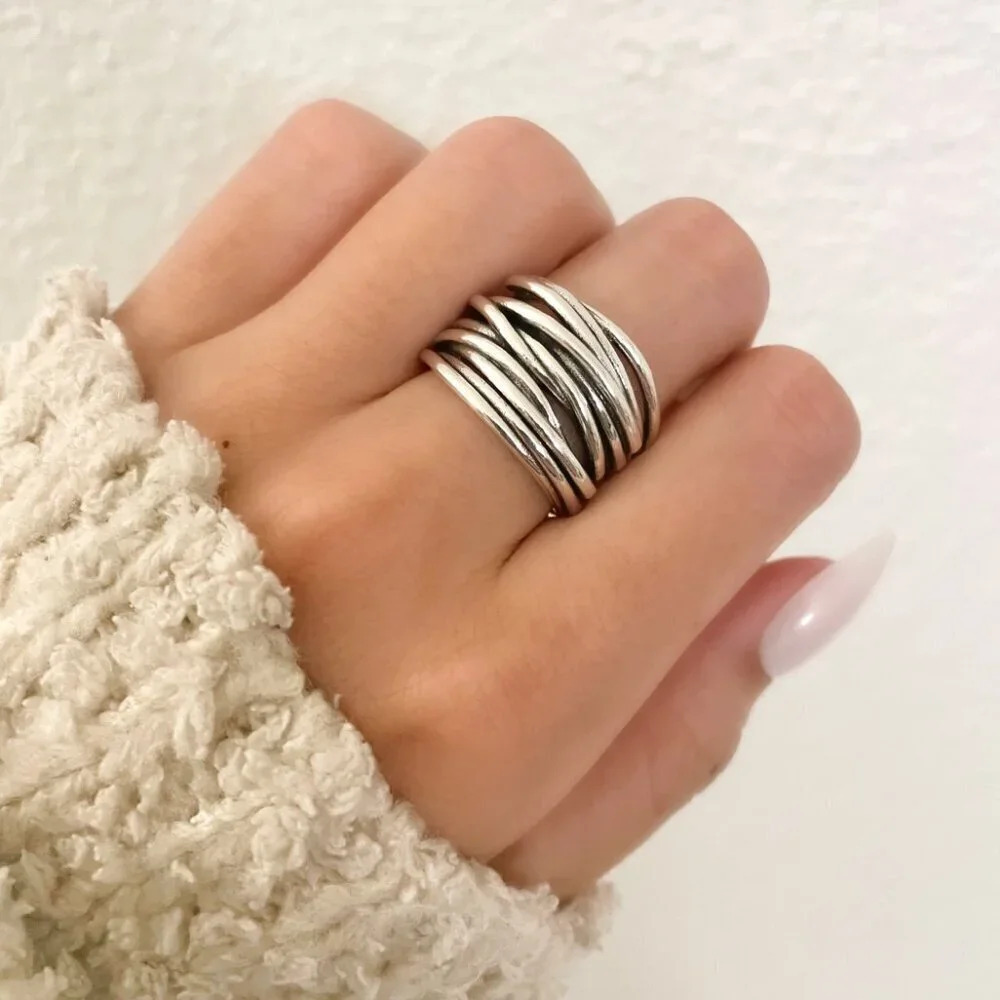 925 Sterling Silver Chunky Ring Thick Wide Ring Band Multi Layer Vintage Ring - Picture 4 of 13